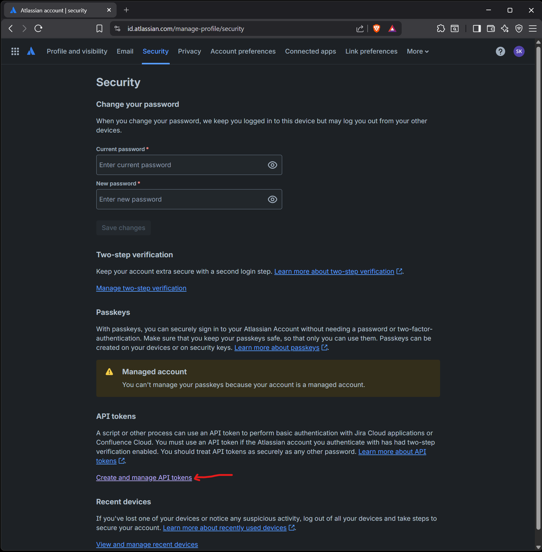 The Security tab of your Atlassian account, with the Create and manage API tokens link near the bottom.
