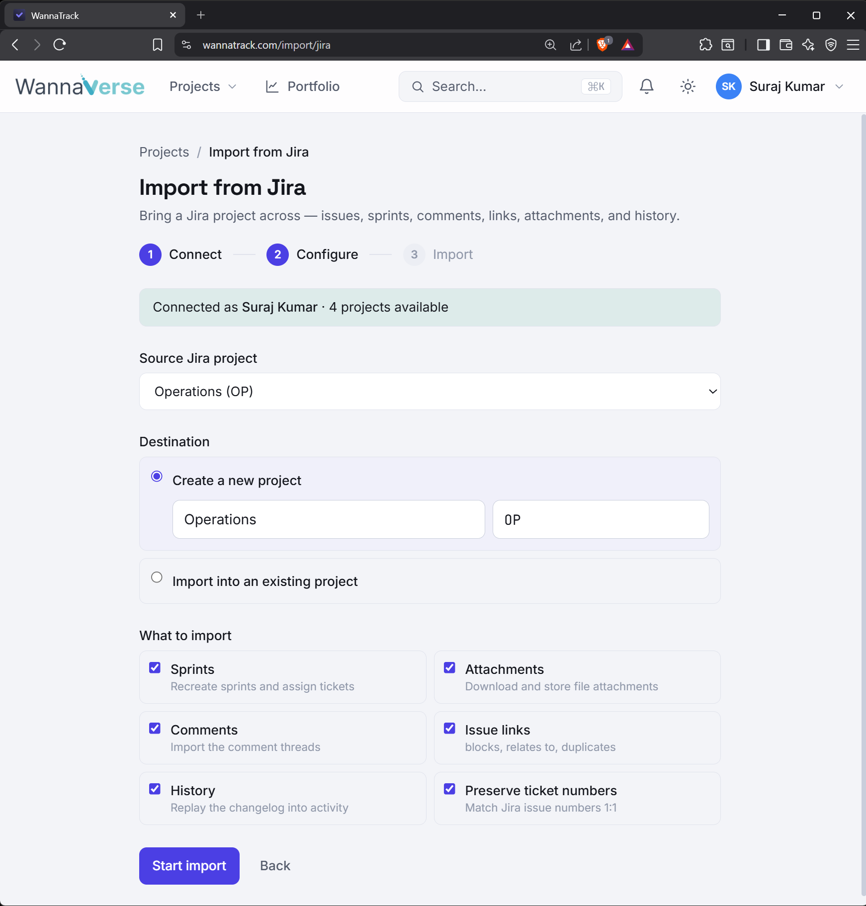 The Configure step, with a source project selected, a new destination project, and the import options.