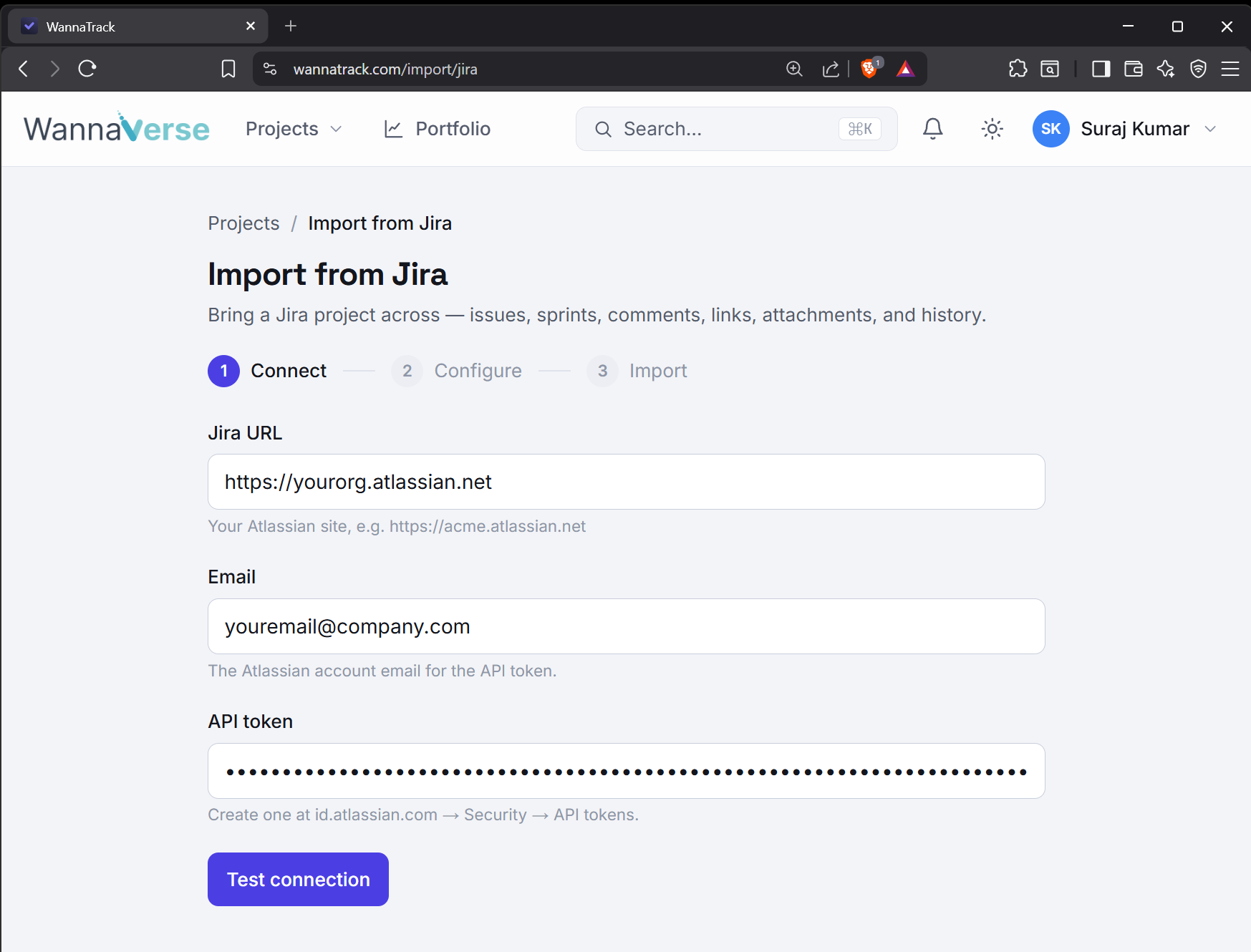 The Connect step, with the Jira URL, email, and API token fields filled in.