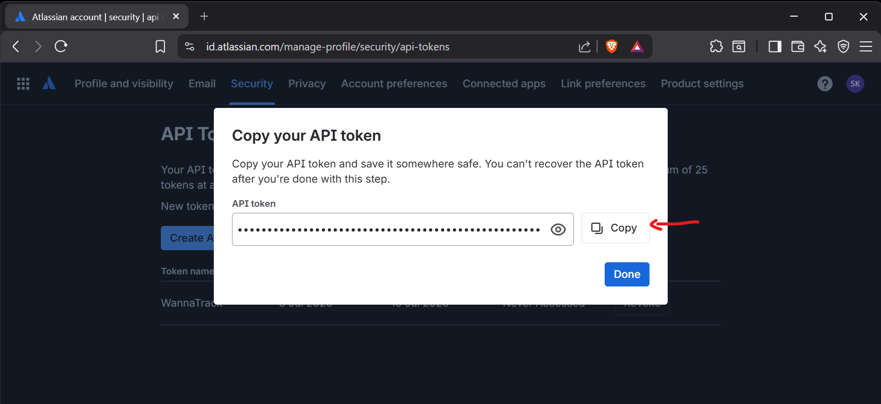 The Copy your API token dialog, with the Copy button highlighted.