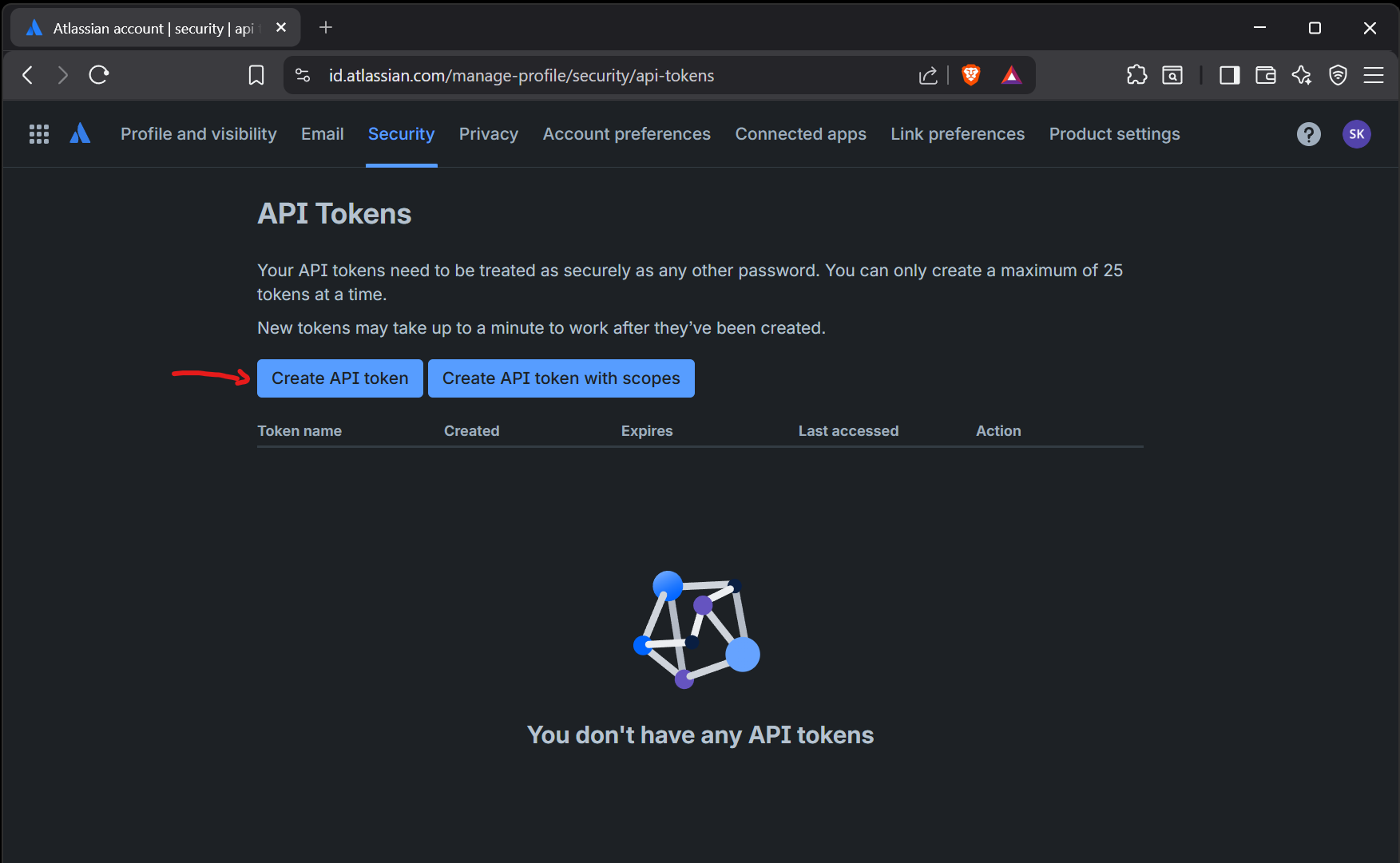 The API tokens page with the Create API token button.