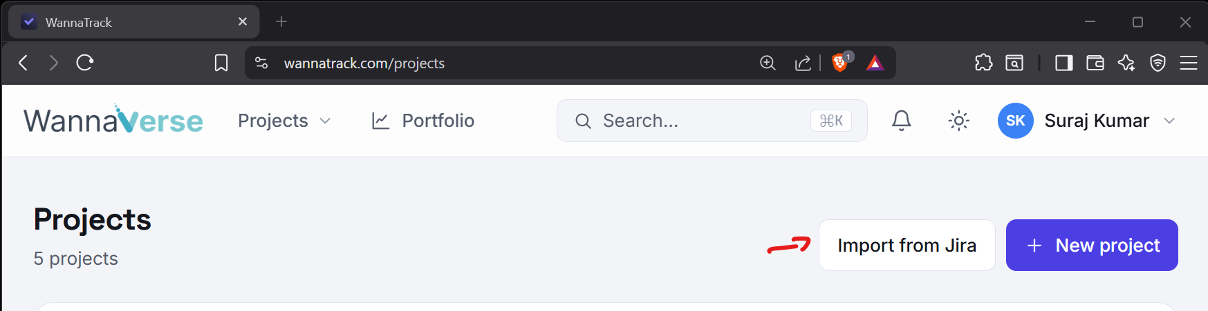 The Projects page in WannaTrack, with the Import from Jira button in the top right.