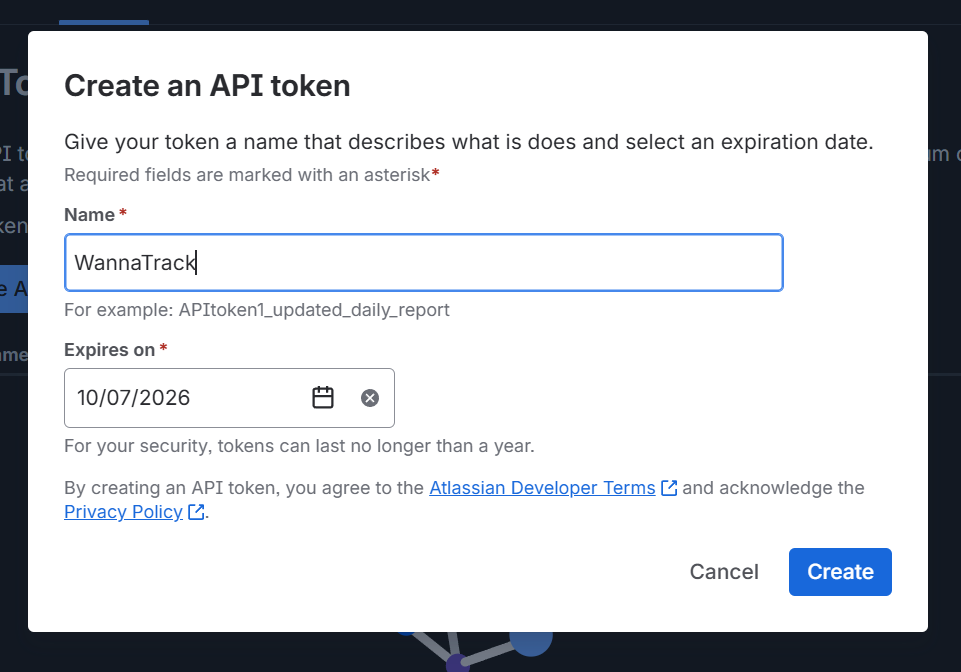 The Create an API token dialog, with a name and an expiry date filled in.